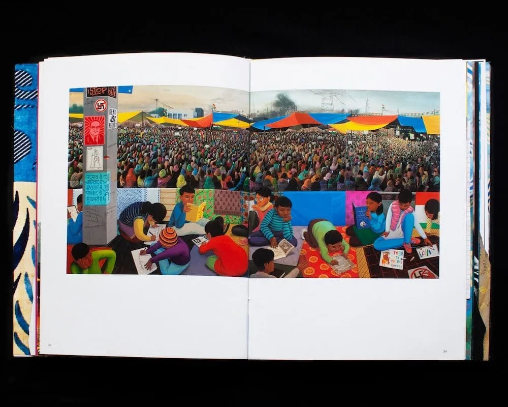 Har Shaam Shaheen Bagh bookspread image; ‘Read and Resist’ a painting by artist Sameer Kulavoor, depicts the protest as viewed from the children’s perspective Har Shaam Shaheen Bagh bookspread image; ‘Read and Resist’ a painting by artist Sameer Kulavoor, depicts the protest as viewed from the children’s perspective